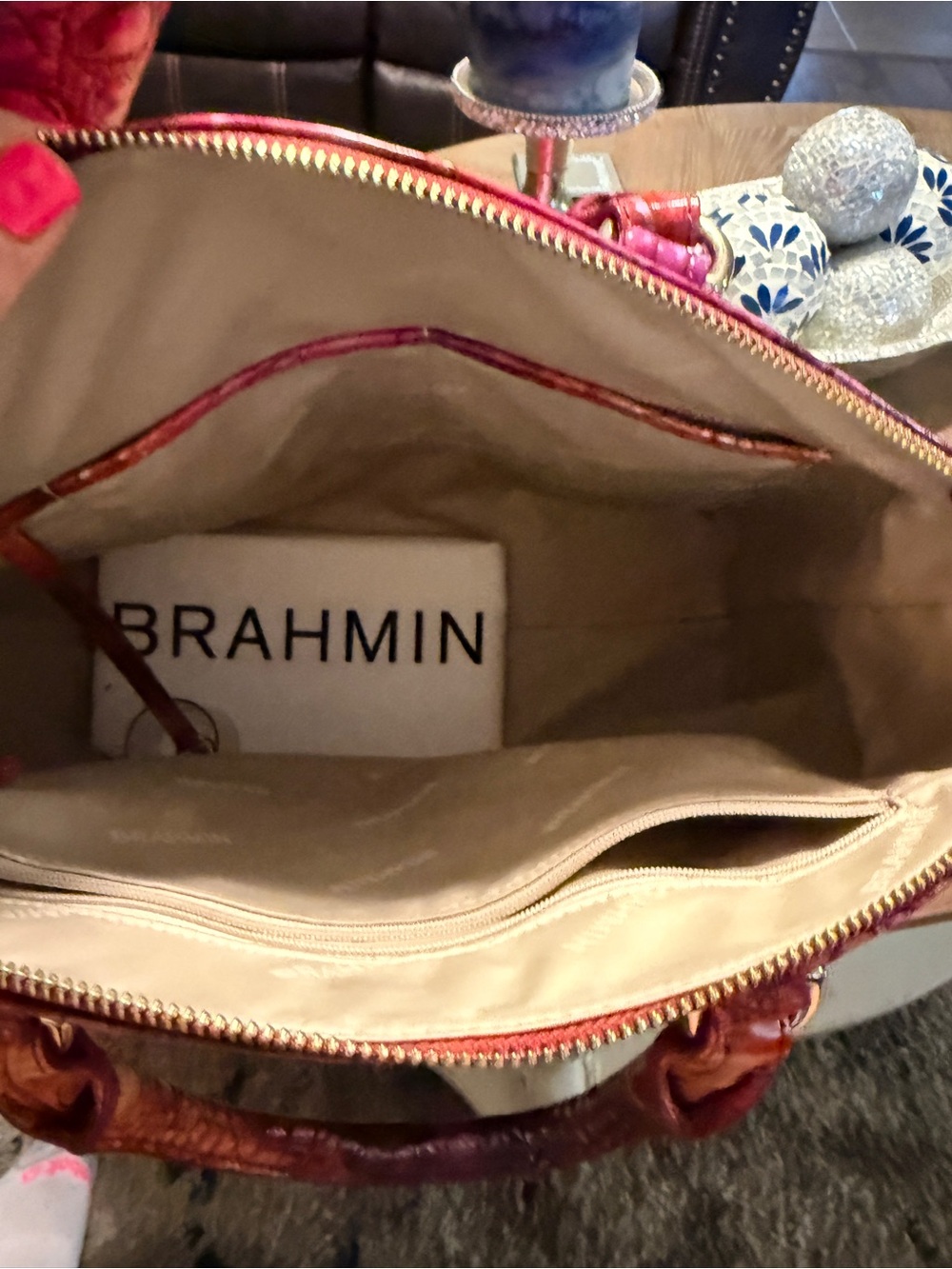 Brahmin Pink and Orange Croc-Embossed Satchel with Matching Wallet - Picture 9 of 10